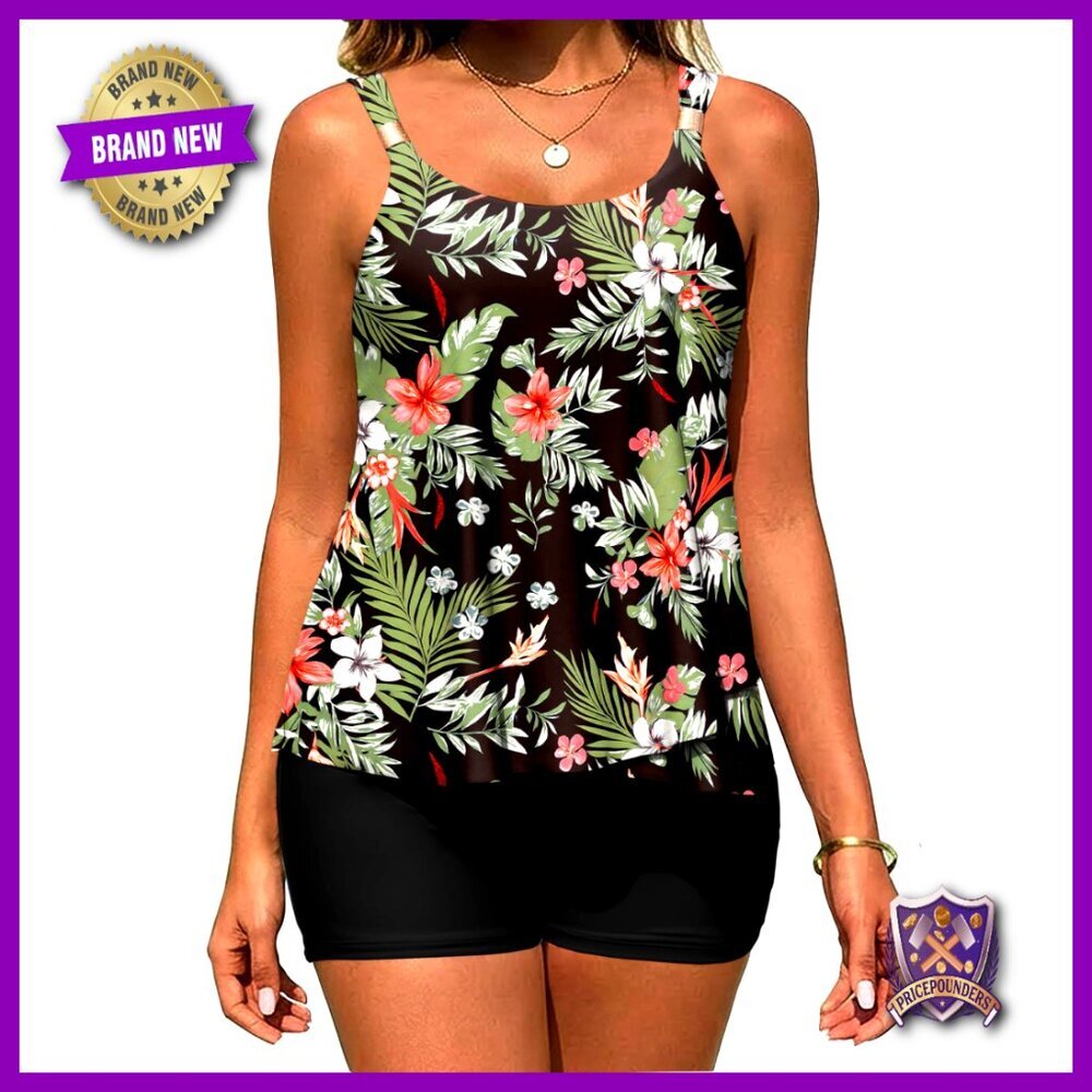 Two Piece Tankini Set High Waisted Swim Shorts with Pockets Ruffle Hem